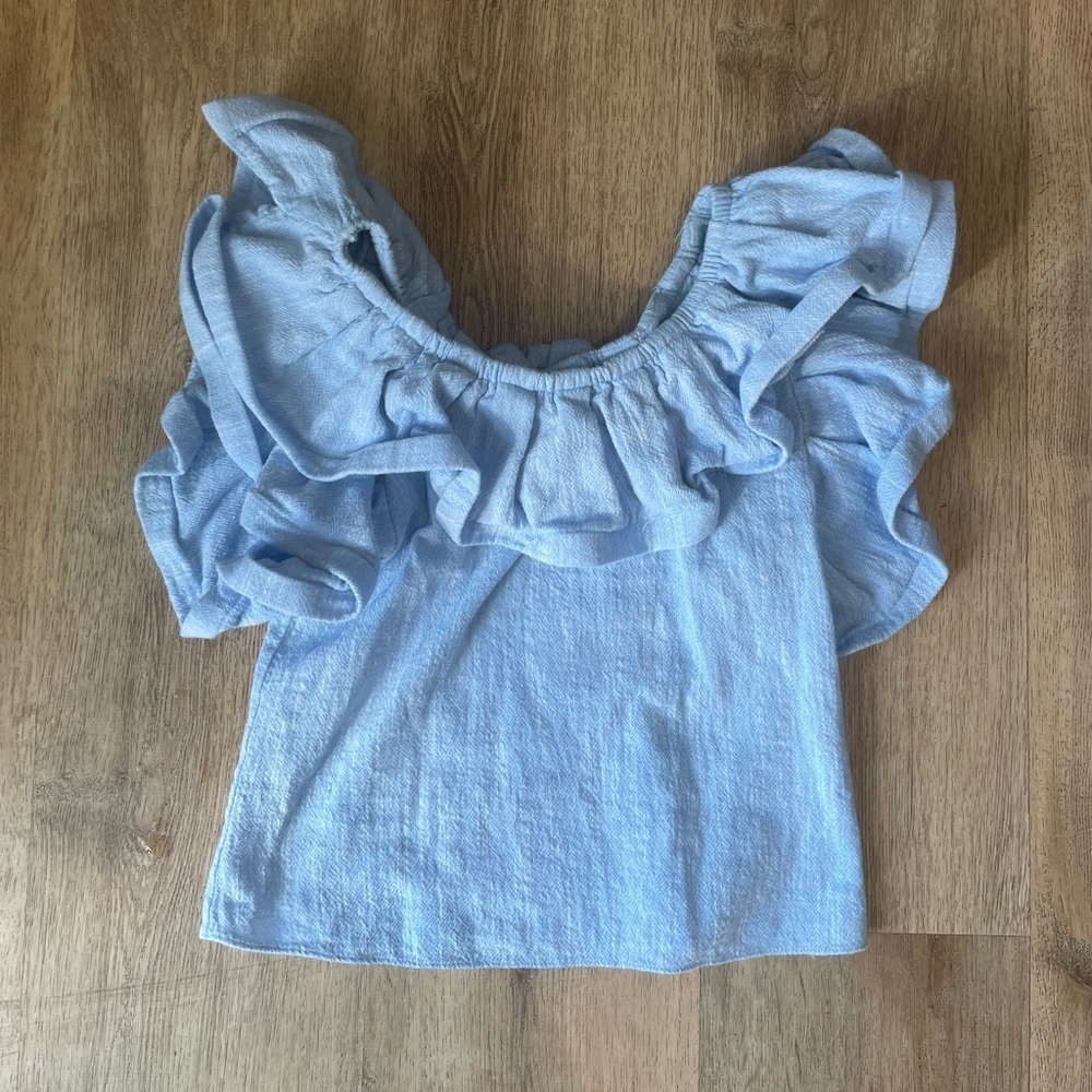 NWOT MISA Los Angeles 100% Cotton Ruffle Sleeve Top S Blue Off Shoulder Boho